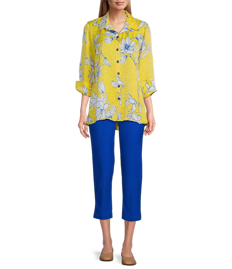 Multiples Woven Floral Point Collar 3/4 Turn-Up Sleeve Hi-Low Button Front Shimmer Shirt