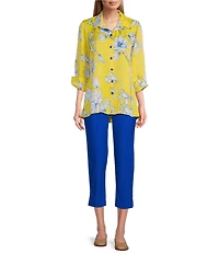 Multiples Woven Floral Point Collar 3/4 Turn-Up Sleeve Hi-Low Button Front Shimmer Shirt