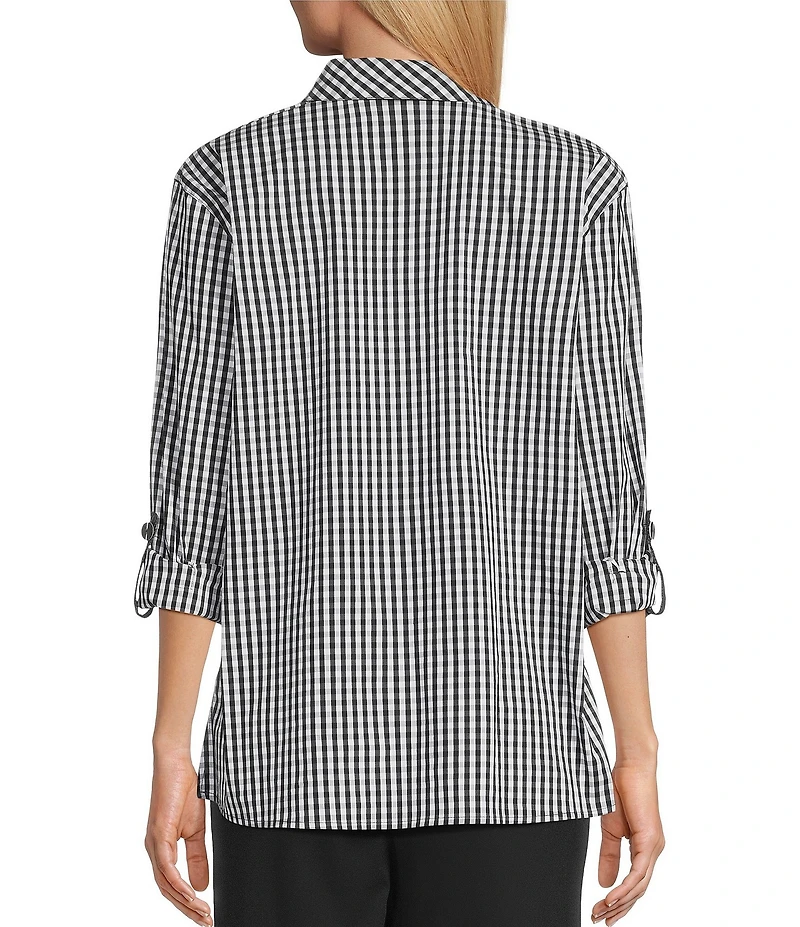 Multiples Woven Multi Plaid Check Print Point Collar 3/4 Roll-Tab Sleeve Button Front Shirt