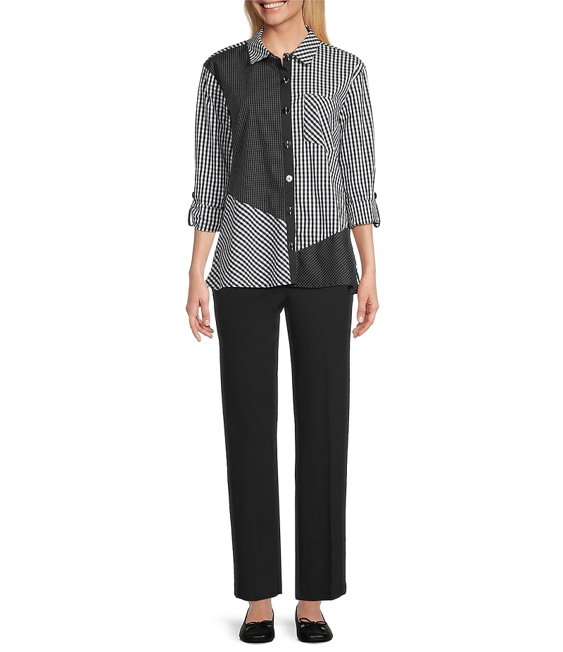 Multiples Woven Multi Plaid Check Print Point Collar 3/4 Roll-Tab Sleeve Button Front Shirt