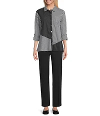 Multiples Woven Multi Plaid Check Print Point Collar 3/4 Roll-Tab Sleeve Button Front Shirt