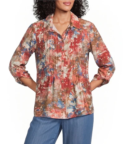 Multiples Woven Multi Print Point Collar 3/4 Roll-Tab Sleeve Button-Front Crinkle Shirt