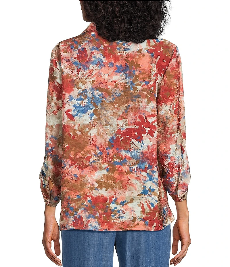 Multiples Woven Multi Print Point Collar 3/4 Roll-Tab Sleeve Button-Front Crinkle Shirt