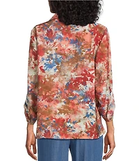 Multiples Woven Multi Print Point Collar 3/4 Roll-Tab Sleeve Button-Front Crinkle Shirt