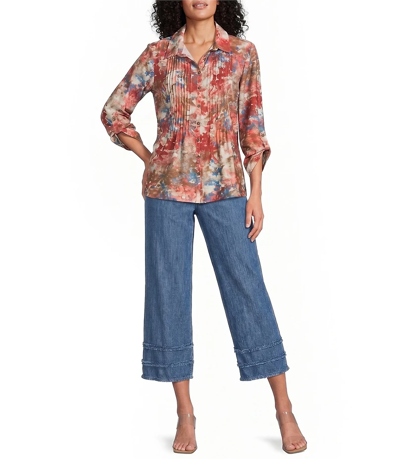 Multiples Woven Multi Print Point Collar 3/4 Roll-Tab Sleeve Button-Front Crinkle Shirt