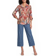 Multiples Woven Multi Print Point Collar 3/4 Roll-Tab Sleeve Button-Front Crinkle Shirt