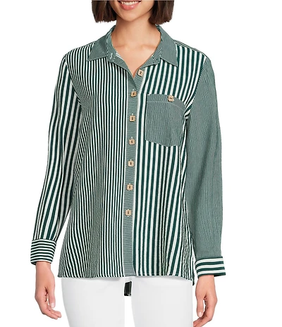 Multiples Woven Multi Stripe Print Point Collar Long Turn Up Cuff Sleeve Button Front Shirt