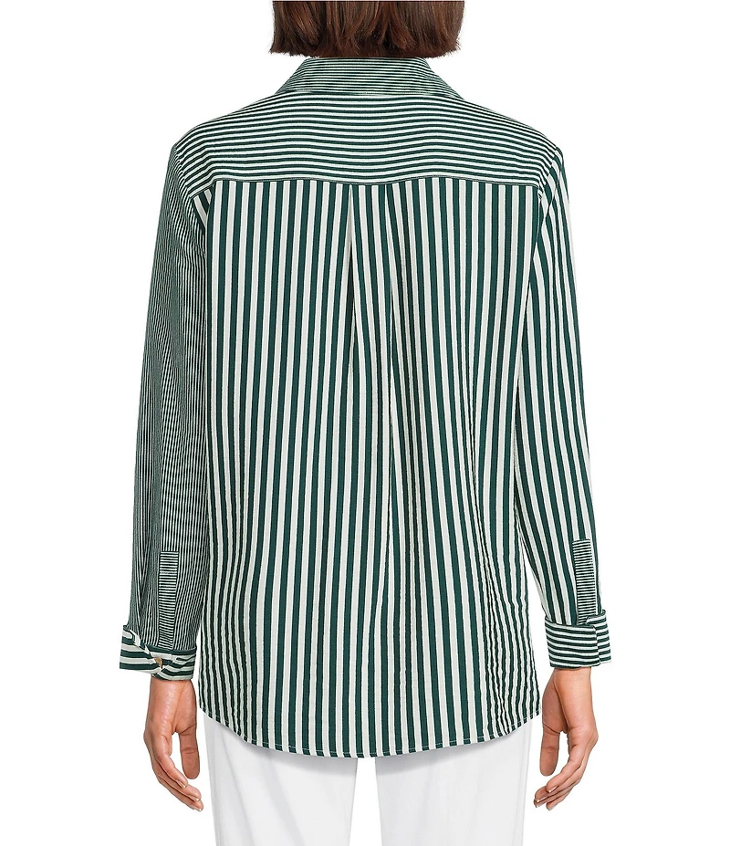 Multiples Woven Multi Stripe Print Point Collar Long Turn Up Cuff Sleeve Button Front Shirt