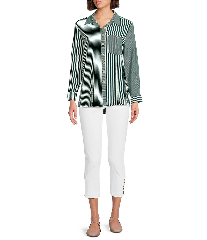 Multiples Woven Multi Stripe Print Point Collar Long Turn Up Cuff Sleeve Button Front Shirt