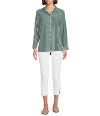 Multiples Woven Multi Stripe Print Point Collar Long Turn Up Cuff Sleeve Button Front Shirt