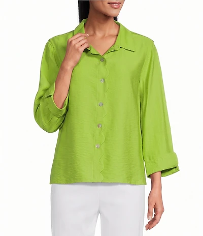 Multiples Woven Point Collar 3/4 Sleeve Scalloped Button-Front Shirt