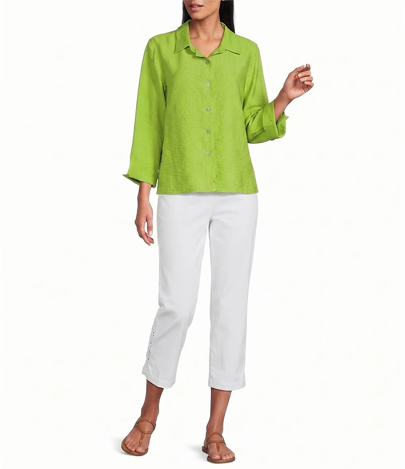 Multiples Woven Point Collar 3/4 Sleeve Scalloped Button-Front Shirt
