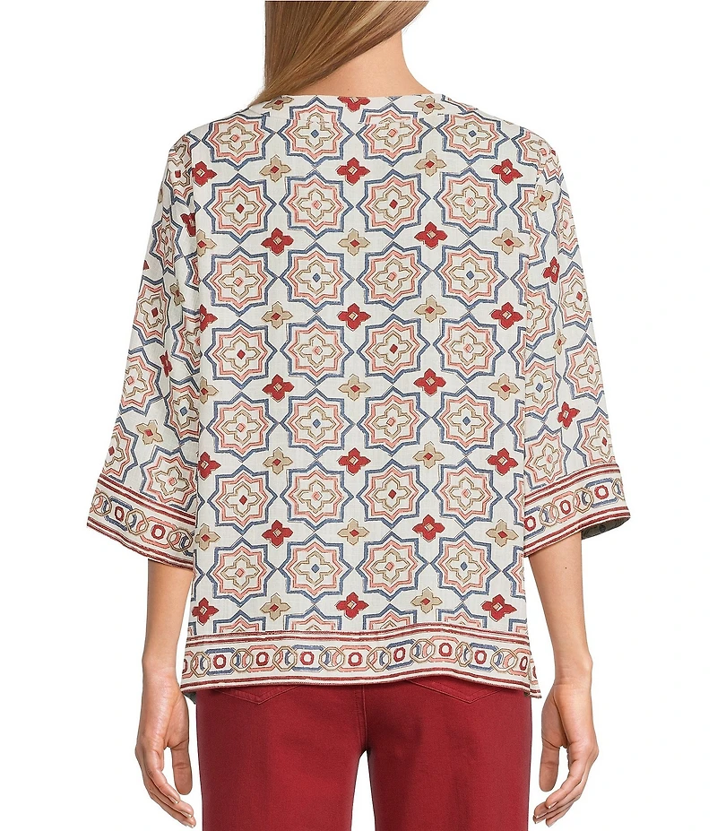 Multiples Woven Print Embroidered V-Round Neck 3 /4 Sleeve Top