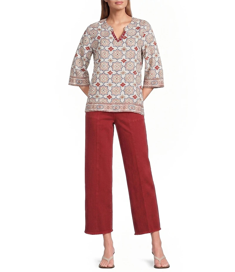 Multiples Woven Print Embroidered V-Round Neck 3 /4 Sleeve Top