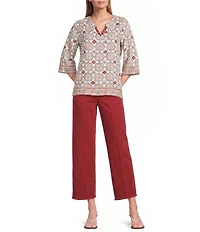 Multiples Woven Print Embroidered V-Round Neck 3 /4 Sleeve Top