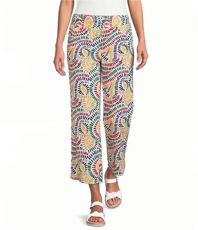 Multiples Woven Print Wide Leg Crop Length Pull On Pants