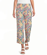 Multiples Woven Print Wide Leg Crop Length Pull On Pants