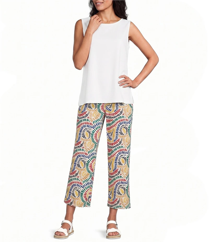 Multiples Woven Print Wide Leg Crop Length Pull On Pants