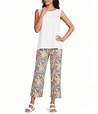 Multiples Woven Print Wide Leg Crop Length Pull On Pants