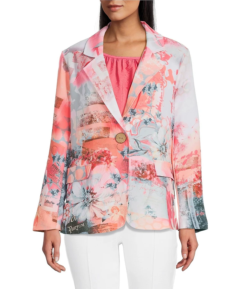 Multiples Woven Printed Notch Lapel Long Sleeve One Button Jacket