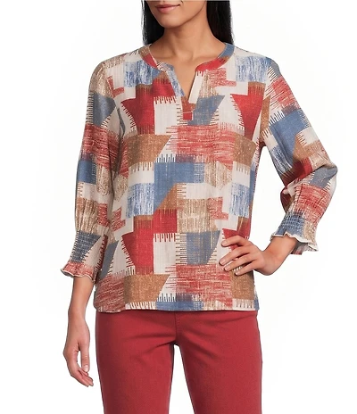 Multiples Woven Split V-Round Neck 3/4 Sleeve Pullover Top