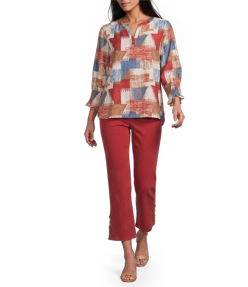 Multiples Woven Split V-Round Neck 3/4 Sleeve Pullover Top