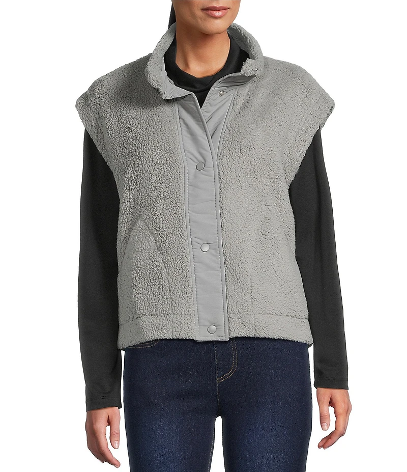 Multiples Woven Stand Collar Sleeveless Snap-Front Fitted Vest