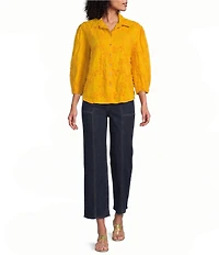 Multiples Woven Stripe Point Collar 3/4 Sleeve Shirt