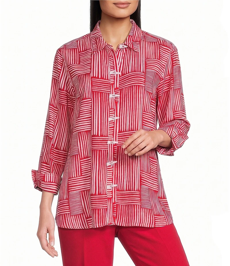 Multiples Woven Stripe Point Collar 3/4 Sleeve Turn Up Cuff Button Front Shirt