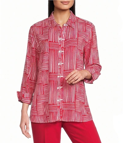 Multiples Woven Stripe Point Collar 3/4 Sleeve Turn Up Cuff Button Front Shirt