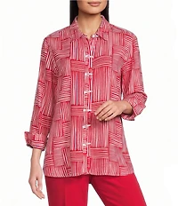 Multiples Woven Stripe Point Collar 3/4 Sleeve Turn Up Cuff Button Front Shirt