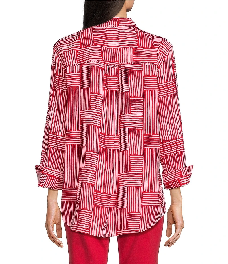 Multiples Woven Stripe Point Collar 3/4 Sleeve Turn Up Cuff Button Front Shirt