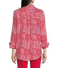 Multiples Woven Stripe Point Collar 3/4 Sleeve Turn Up Cuff Button Front Shirt