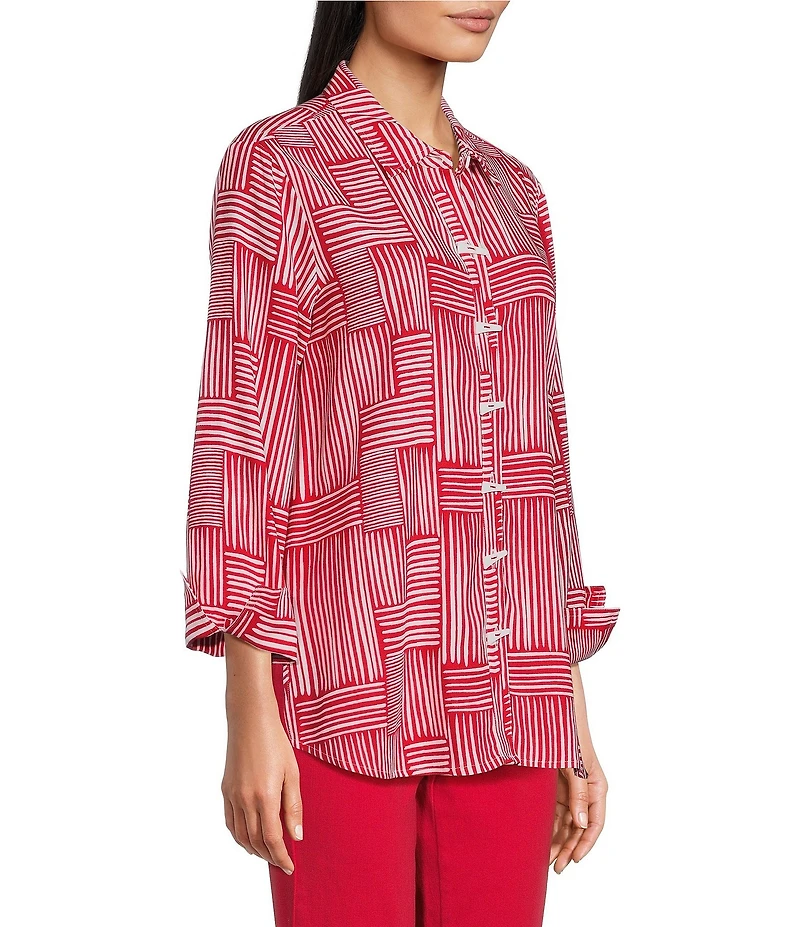 Multiples Woven Stripe Point Collar 3/4 Sleeve Turn Up Cuff Button Front Shirt