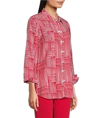 Multiples Woven Stripe Point Collar 3/4 Sleeve Turn Up Cuff Button Front Shirt