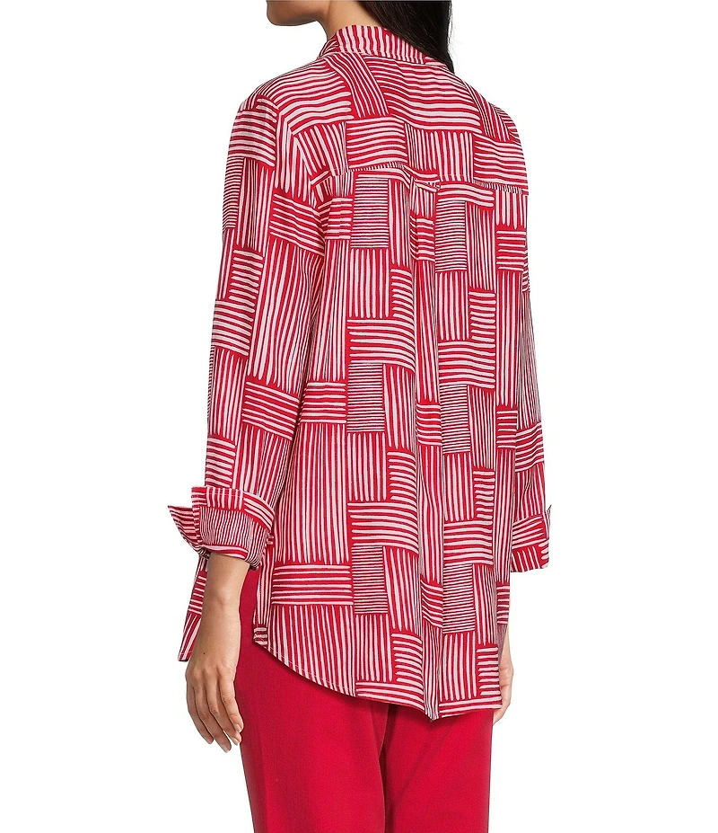 Multiples Woven Stripe Point Collar 3/4 Sleeve Turn Up Cuff Button Front Shirt