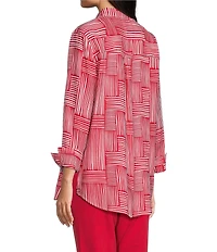 Multiples Woven Stripe Point Collar 3/4 Sleeve Turn Up Cuff Button Front Shirt