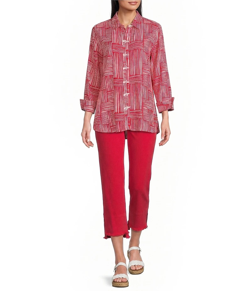 Multiples Woven Stripe Point Collar 3/4 Sleeve Turn Up Cuff Button Front Shirt