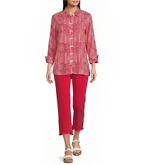 Multiples Woven Stripe Point Collar 3/4 Sleeve Turn Up Cuff Button Front Shirt