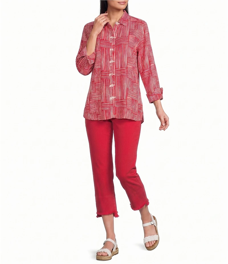 Multiples Woven Stripe Point Collar 3/4 Sleeve Turn Up Cuff Button Front Shirt