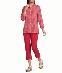 Multiples Woven Stripe Point Collar 3/4 Sleeve Turn Up Cuff Button Front Shirt