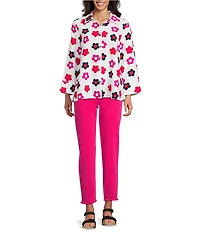 Multiples Woven Floral Print Point Collar 3/4 Turn-Up Sleeve Button Front Shirt