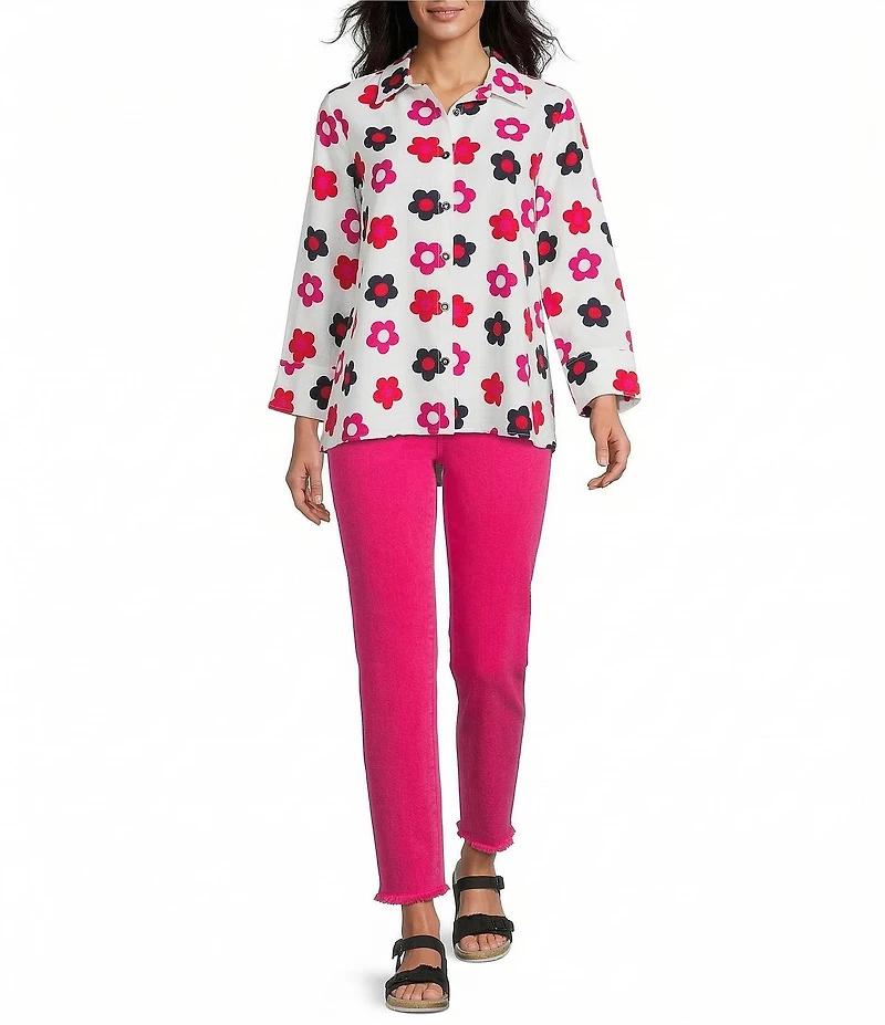 Multiples Woven Floral Print Point Collar 3/4 Turn-Up Sleeve Button Front Shirt