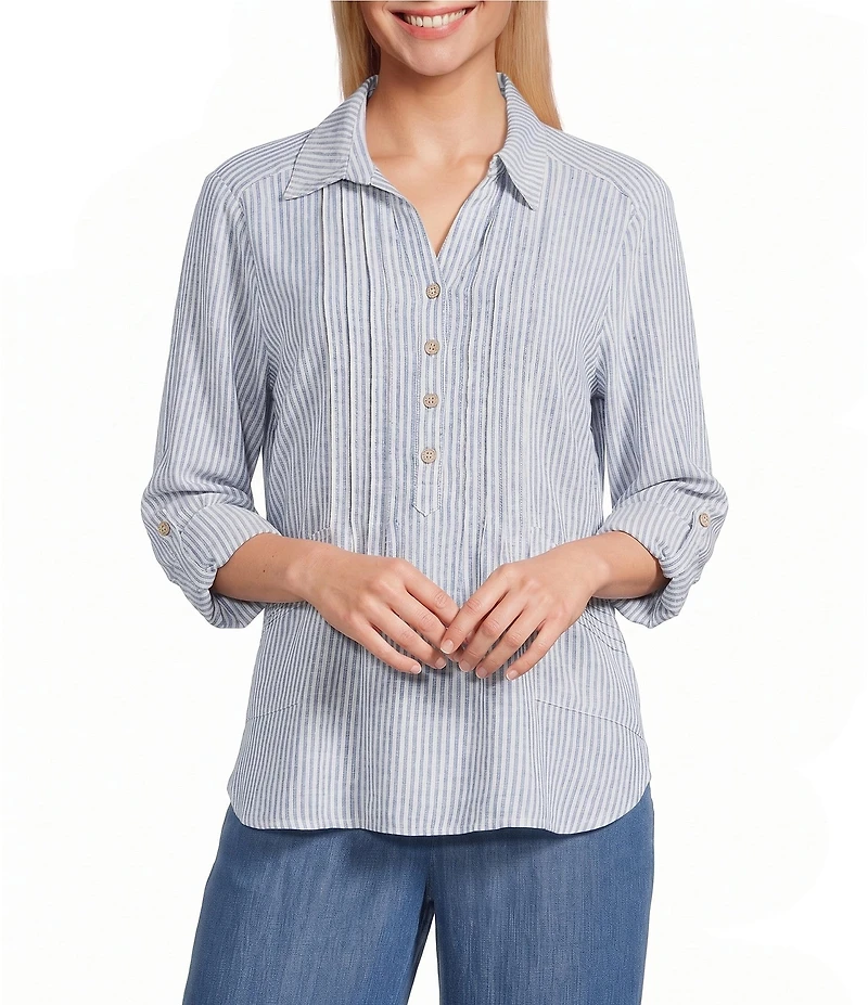 Multiples Woven Stripe Spread Collar Long Sleeve Shirt