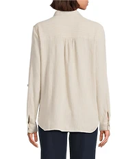 Multiples Woven Stripe Spread Collar Long Sleeve Shirt