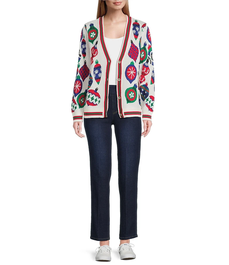 Multiples Yarn-Dye Jacquard Embellished Ornaments Long Sleeve Button-Front Sweater Knit Cardigan