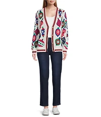 Multiples Yarn-Dye Jacquard Embellished Ornaments Long Sleeve Button-Front Sweater Knit Cardigan