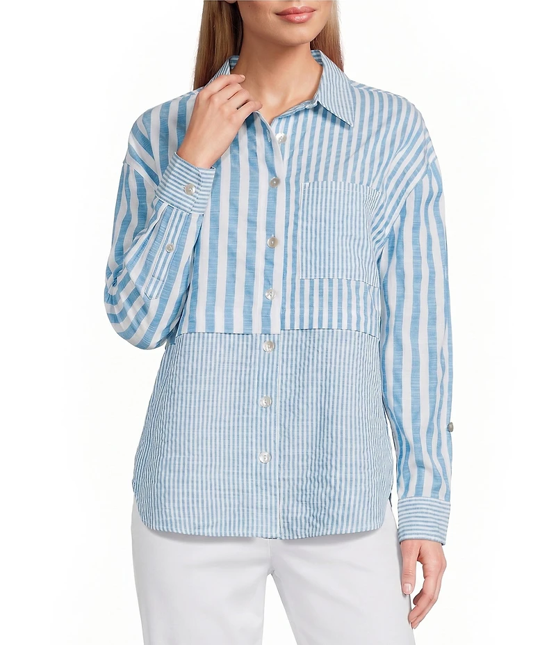 Multiples Yarn-Dye Stripe Point Collar Long Roll-Tab Sleeve Button-Front Shirt