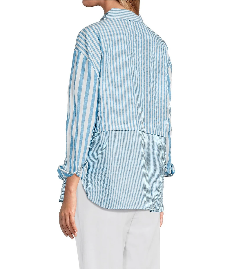 Multiples Yarn-Dye Stripe Point Collar Long Roll-Tab Sleeve Button-Front Shirt