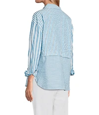 Multiples Yarn-Dye Stripe Point Collar Long Roll-Tab Sleeve Button-Front Shirt